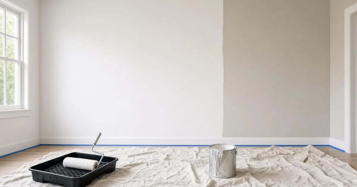 Half-painted living room wall with a roller tray, masking tape and drop sheets during a house repaint