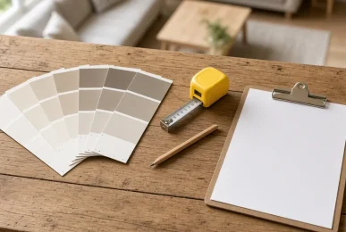 Paint colour swatch cards, a tape measure, a pencil and a blank clipboard on a timber table