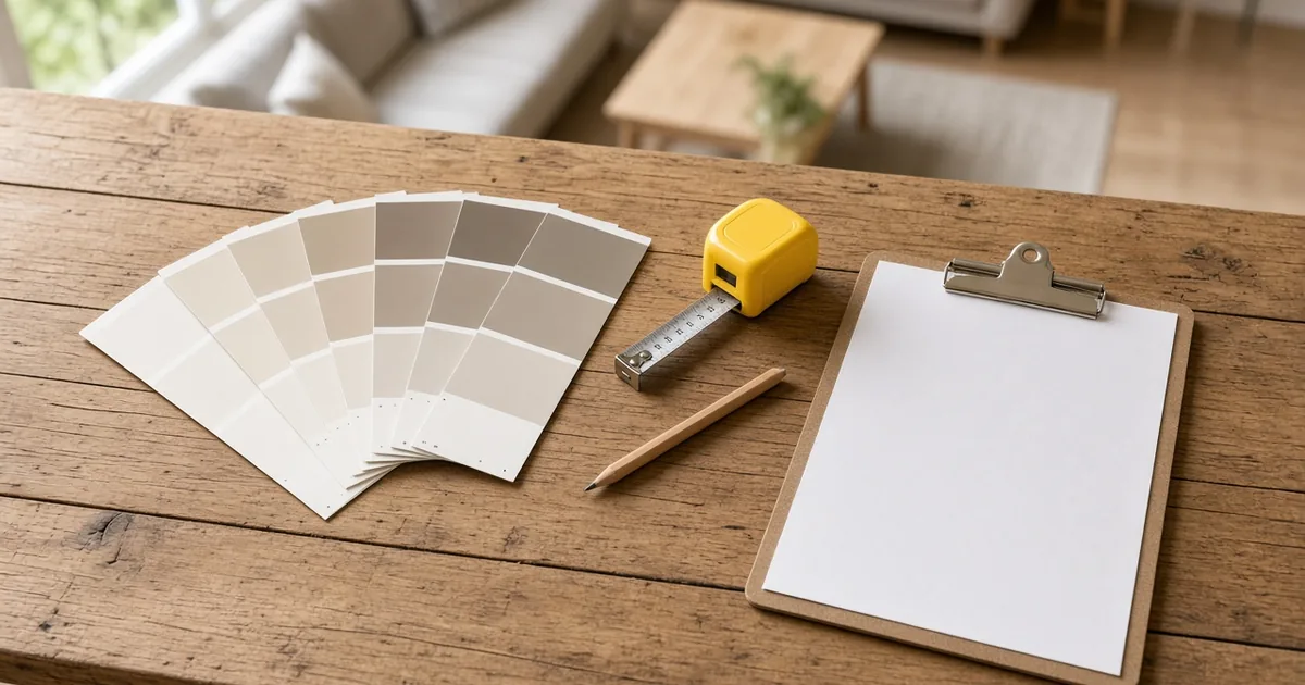 Paint colour swatch cards, a tape measure, a pencil and a blank clipboard on a timber table
