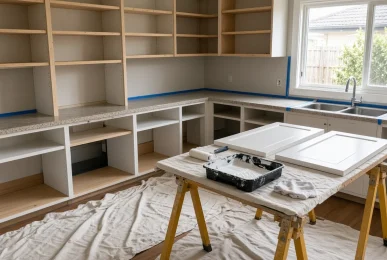 Kitchen cabinet doors laid on trestles over drop sheets with a roller and paint tray in a bright kitchen