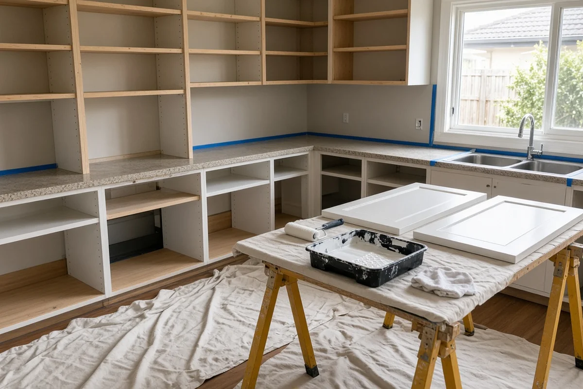 Kitchen cabinet doors laid on trestles over drop sheets with a roller and paint tray in a bright kitchen