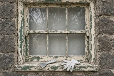 Old timber sash window with layers of chipped paint on a stone wall, with a scraper and gloves on the sill