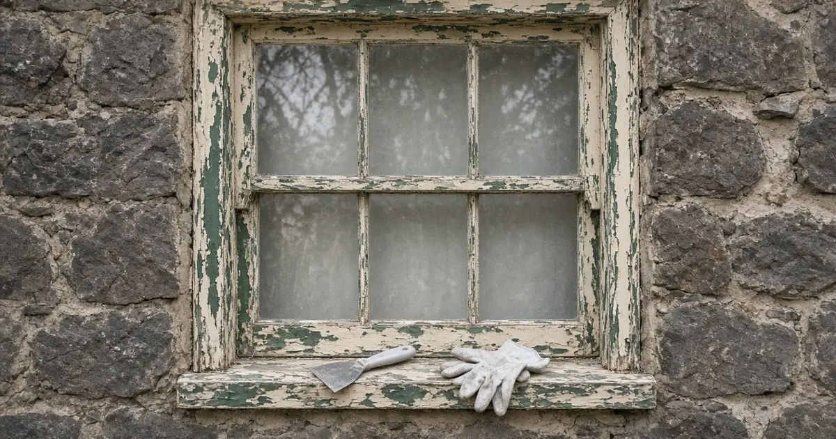 Old timber sash window with layers of chipped paint on a stone wall, with a scraper and gloves on the sill