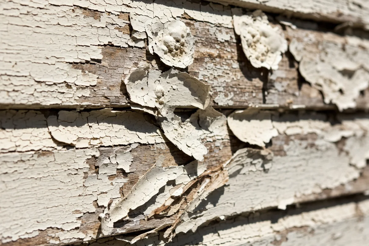 Close-up of cream paint peeling, cracking and blistering off an old weatherboard wall in bright sun