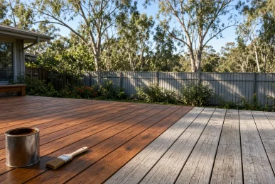 Timber backyard deck with half the boards freshly coated in warm brown and half grey and weathered