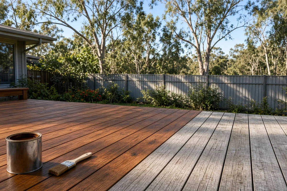 Timber backyard deck with half the boards freshly coated in warm brown and half grey and weathered